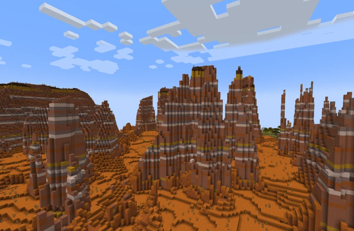 Un bioma badlands erose in Minecraft